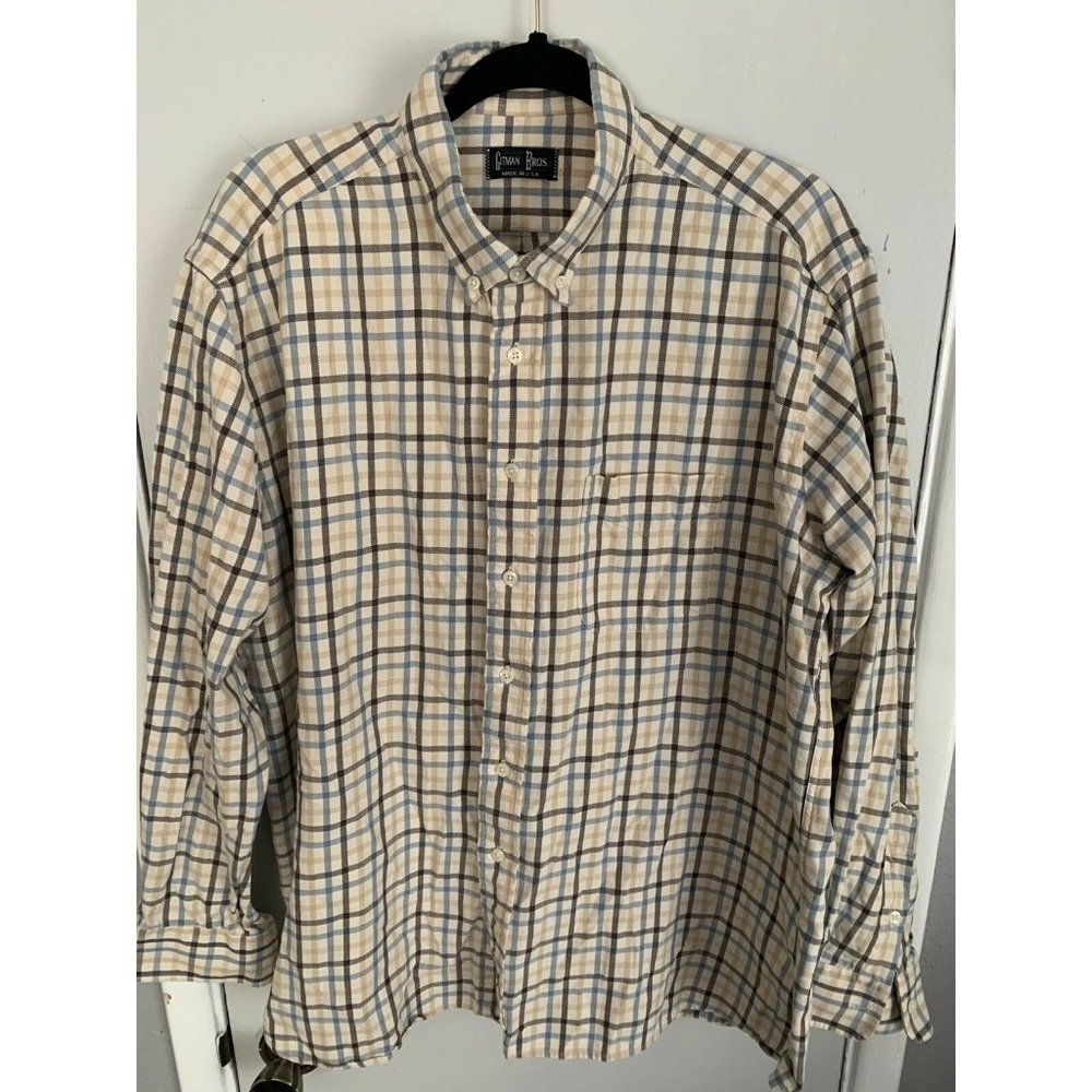 Gitman Bros XL Blue Plaid Beige Sleeve Cotton